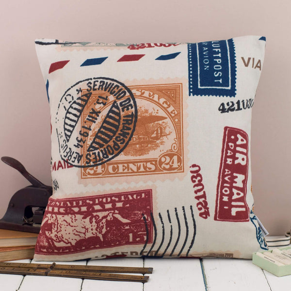 Vintage Stamps Print Airmail Cushion by Grace & Favour Home