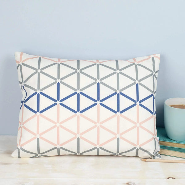 Geometric Grey, Blue and Pink Kenza Print Rectangle Cushion by Grace & Favour Home