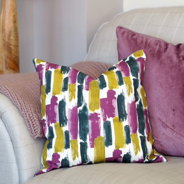 Chartreuse, Amethyst and Grey Watercolour Brushstrokes Style Lucia Square Cushion by Grace & Favour Home