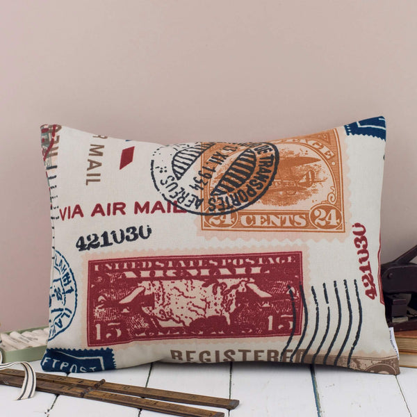 Vintage Stamps Print Airmail Rectangle Cushion by Grace & Favour Home