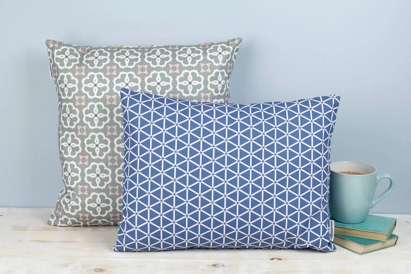 Geometric Blue & White Karin Print Rectangle Cushion British Made Geometric Blue & White Karin Print Rectangle Cushion by Grace & Favour Home