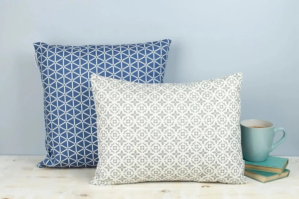 Geometric Blue & White Karin Print  Square Cushion by Grace & Favour Home