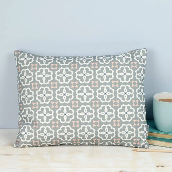 Grey Blue White lnes Print Rectangle Cushion by Grace Favour