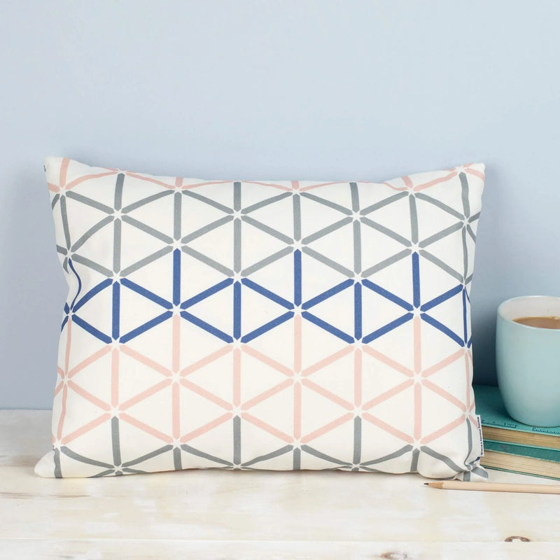Geometric Grey, Blue and Pink Kenza Print Rectangle Cushion British Made Geometric Grey, Blue and Pink Kenza Print Rectangle Cushion by Grace & Favour Home