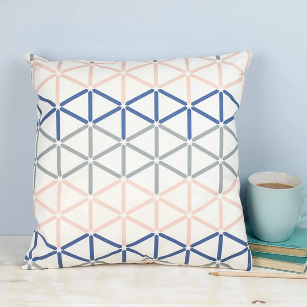 Geometric Grey, Blue and Pink Kenza Print Square Cushion by Grace & Favour Home