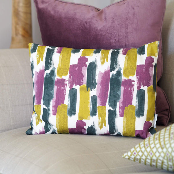 Chartreuse, Amethyst and Grey Watercolour Brushstrokes Style Lucia Rectangle Cushion by Grace & Favour Home
