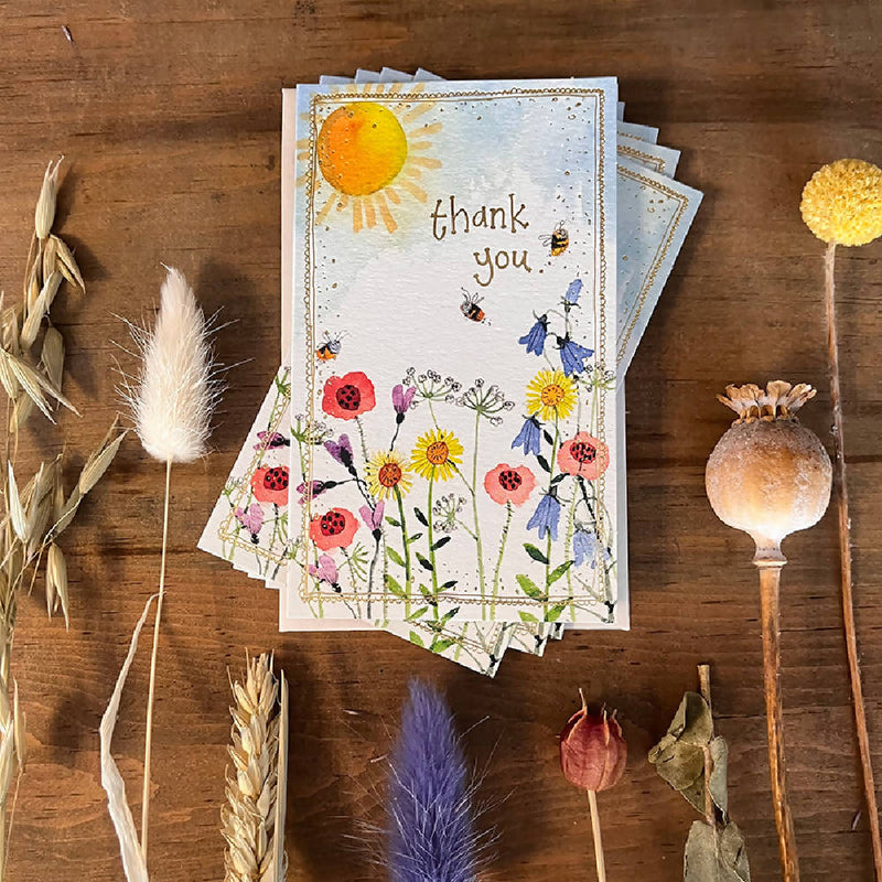 Sunshine and Flowers Thank You Notelet Pack British Made Sunshine and Flowers Thank You Notelet Pack by Alex Clark Art