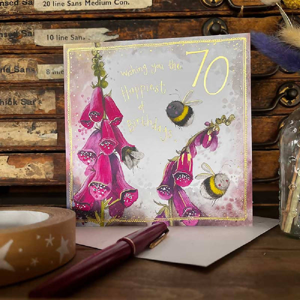 70th Birthday Foxgloves & Bees Card by Alex Clark Art