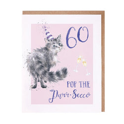60 Pop the Purr-secco Birthday Card British Made 60 Pop the Purr-secco Birthday Card by Wrendale